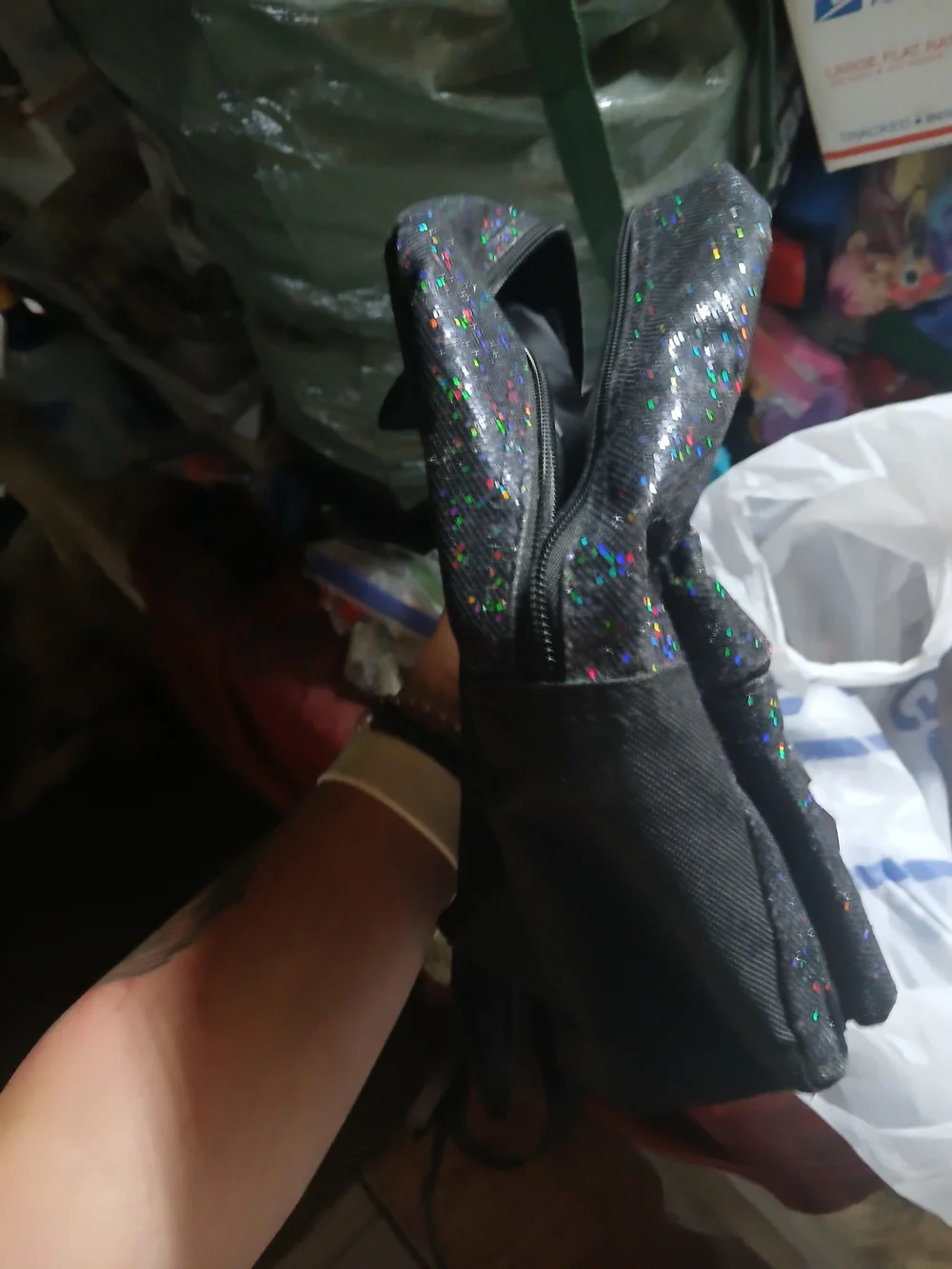 Place black glitter backpack With Patch Embroidery Designs And Beads Makeup Size